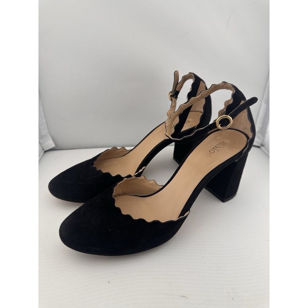 Chloe‎ Black Suede Scalloped Ankle Strap Block Heels 35.5 Ballet Classic US 5.5